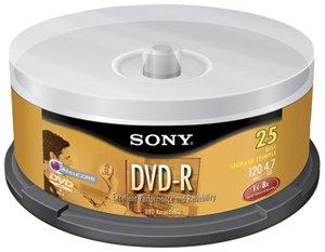 SONY 25DMR47LS4 4.7 GB WRITE ONCE DVD-R SPINDLE (25-CT SPINDLE)