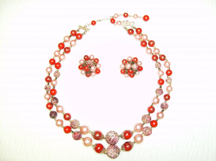 Pink & Red Candy Vintage Necklace/Earring Set