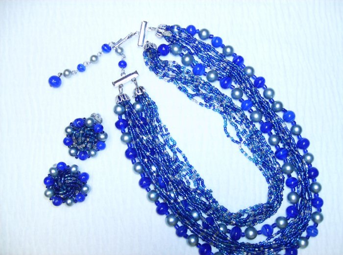 Blue & Silver 18 Strand Vintage Necklace/Earring Set