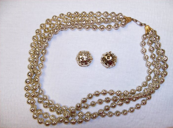 Gold Metallic Bead Vintage Necklace/Earring Set