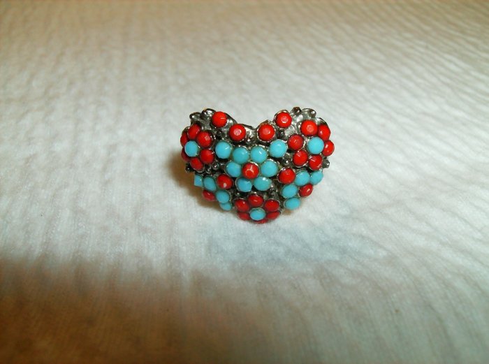 Turquoise & Red Heart Ring - Adjustable