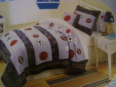 That's Mine Sports Action Twin Quilt and Sham Set Soccer Basketball Blue