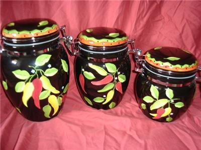 Black Ceramic Canister Set Chili Pepper 3 PC