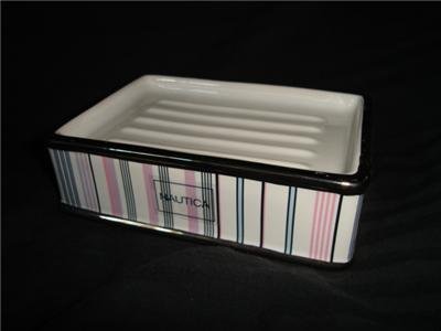 Nautica Greenwich Pink Striped Ceramic Soap Dish