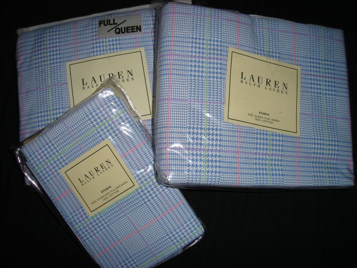 Ralph Lauren Studio Glen Plaid Blue Queen Sheet Set 4PC