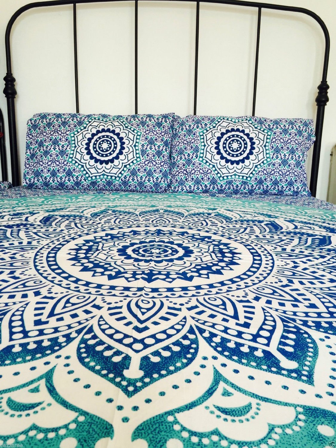 New Indian Turquoise Ombre Mandala Hippie Bohemian Double 2 Pillow Cover Wall Hanging