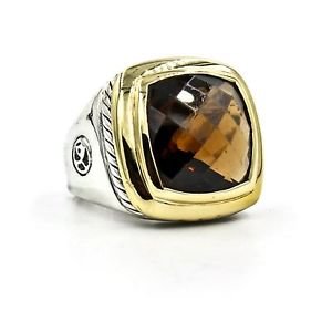 David Yurman 14mm Faceted Smoky Quartz Albion Sterling Silver Gold Ring Size 6