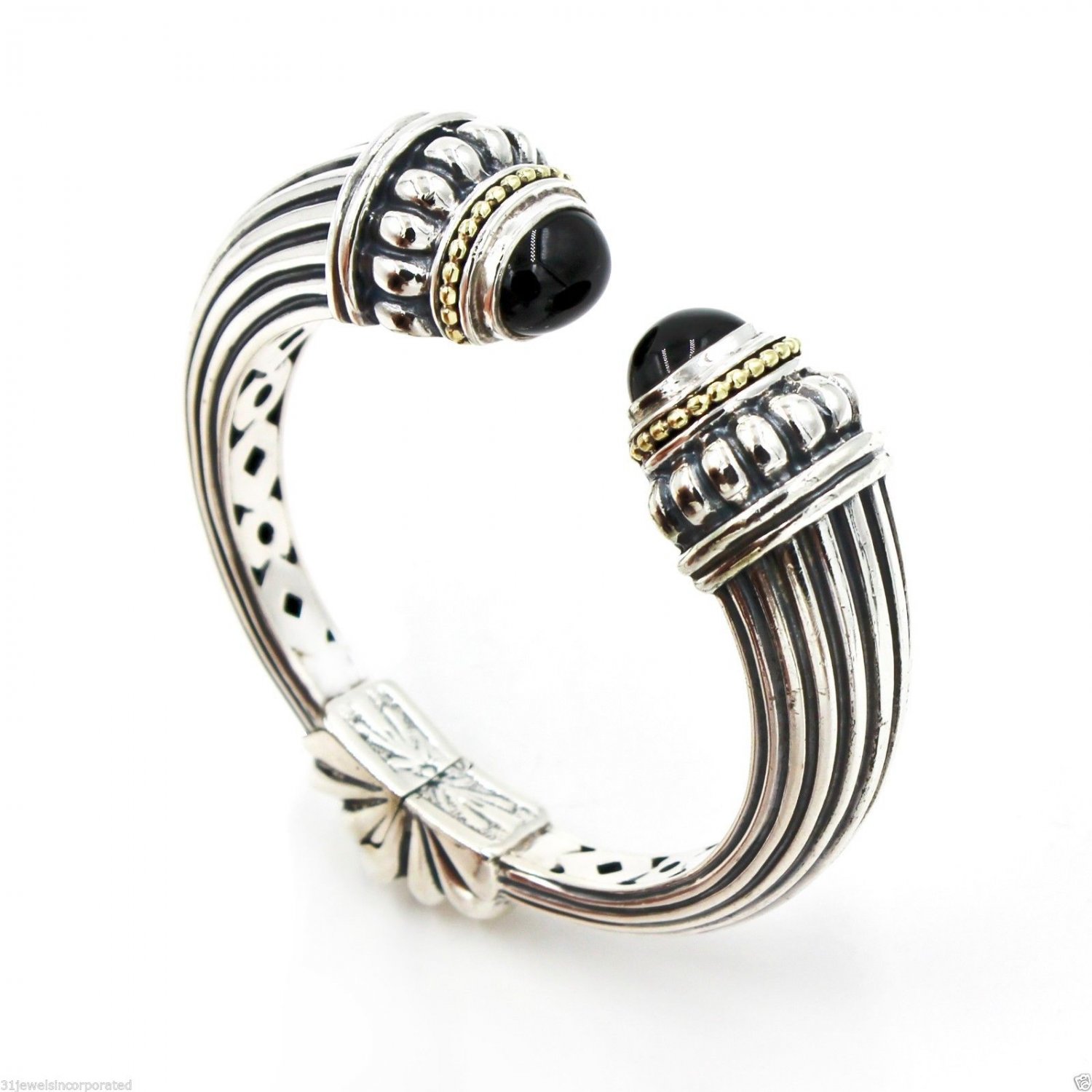 Vintage Lagos Caviar Onyx Kick Cuff Bracelet in Sterling Silver & 18k Gold SMALL