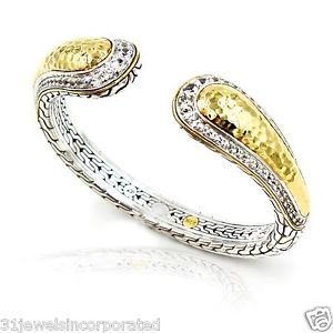 John Hardy Palu Kick Cuff 22k Gold & Sterling Silver with White Topaz Size Med