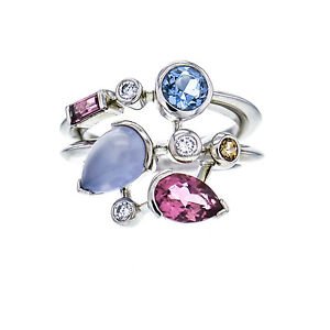 Cartier Meli Melo Ring Platinum Diamond Aquamarine Chalcedony Tourmaline Size 6