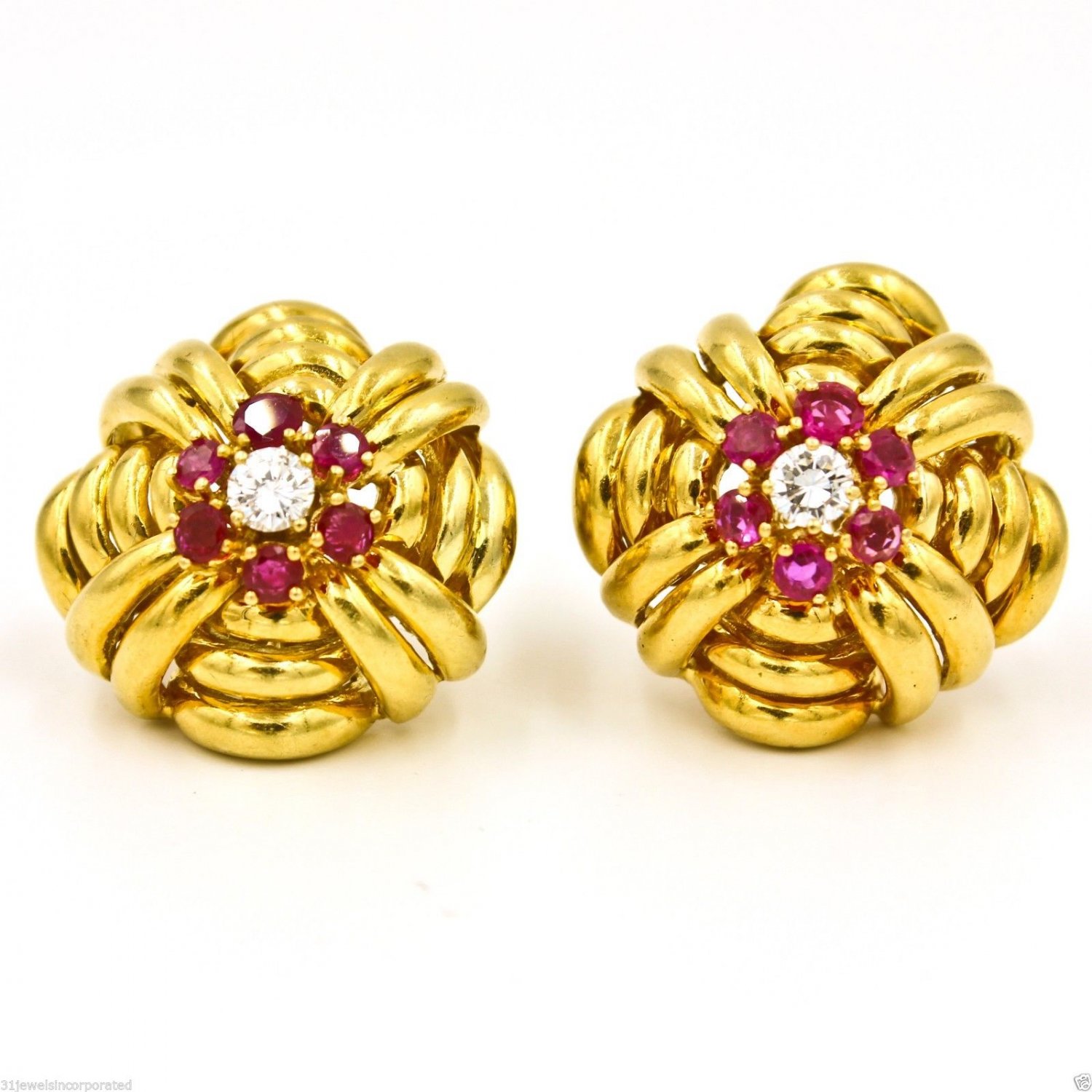 Vintage Tiffany & Co. Diamond & Rubies in 18k Yellow Gold Earrings Circa 1940s