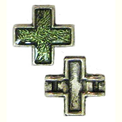6 Antique Silver Cross Beads with Green Enamel - Crosses