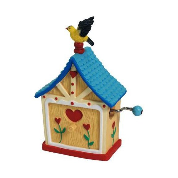 Goldfinch Songbird Perched on House Hand Cranked Musical Figurine