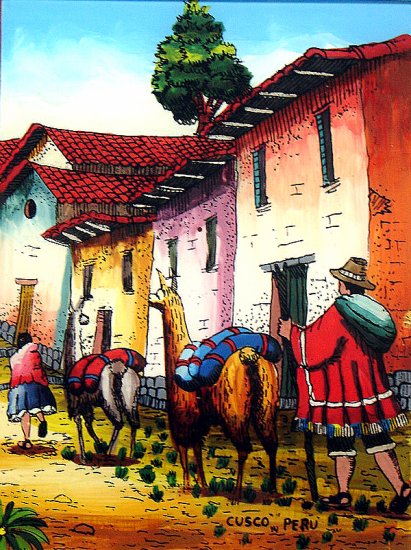 Cuzco Chincheros Glass Painting Lamas Llamas Peru