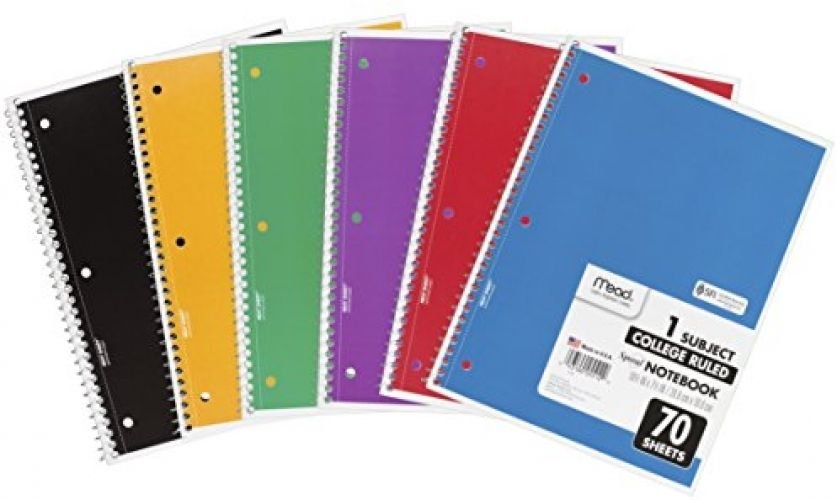 Mead Spiral Notebook, 1 Subject, 70 College Ruled Sheets, Assorted Colors, 6