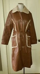 Vintage Fingerhut Faux Fur Lined Vinyl Leather Belted Trench Long Coat size L/16