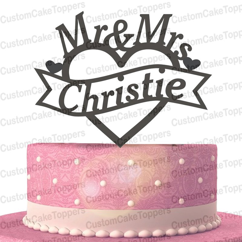 Mr & Mrs Heart Wedding Cake Topper Custom Personalized With Your Last Name (Multiple Color Optional)
