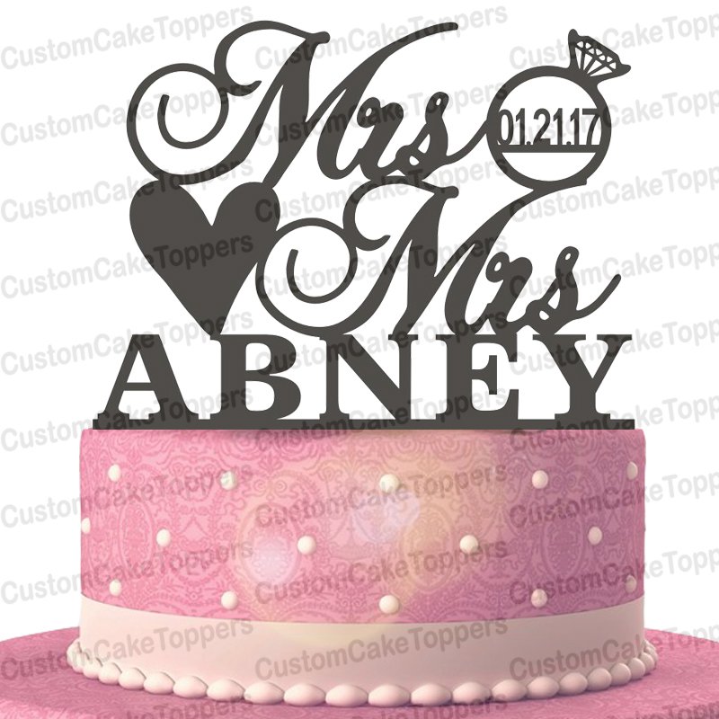 Mrs & Mrs Ring Cake Topper Custom Personalized with Your Last Name and Wedding Date