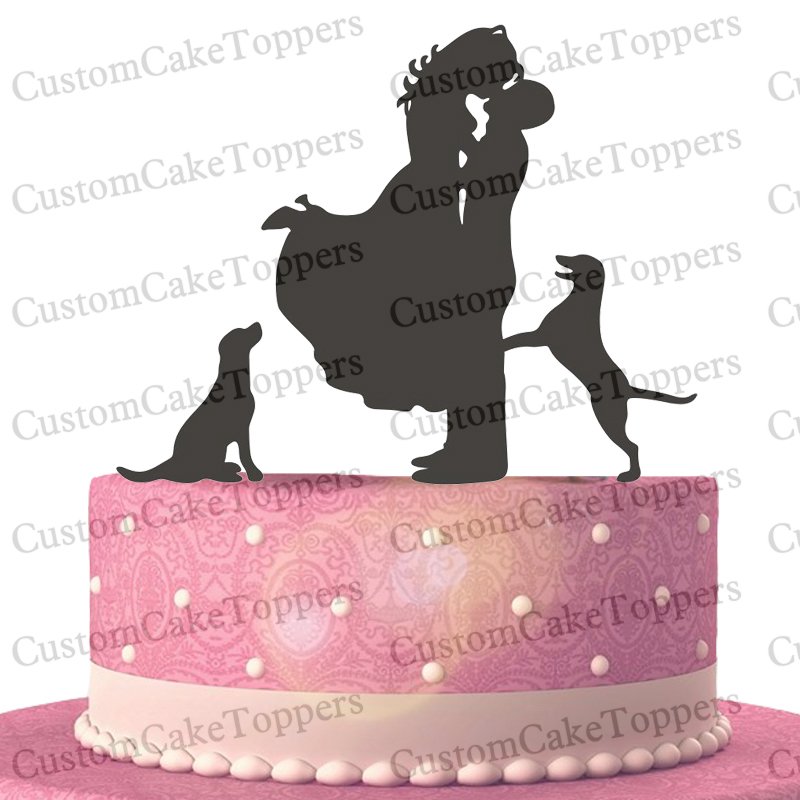 Wedding Cake Topper Bride and Groom Silhouette With Two Dogs