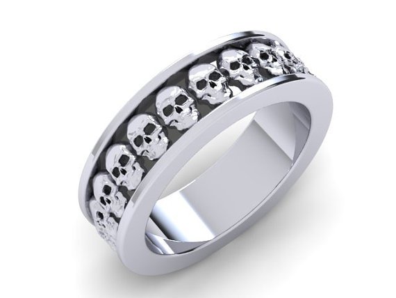 Skull Wedding Band in Solid 925 Silver