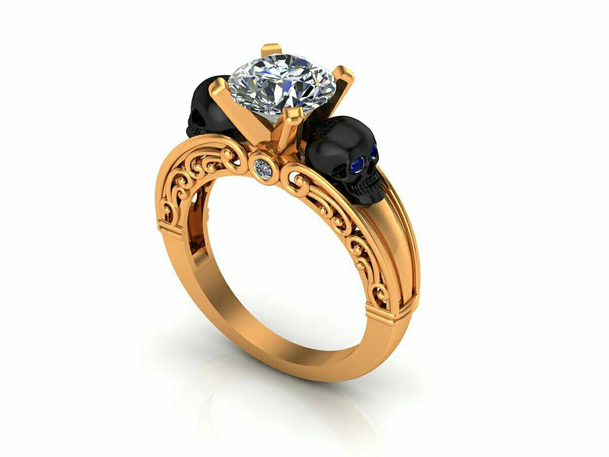Skull Engagement Ring 14 k with White Moissanite