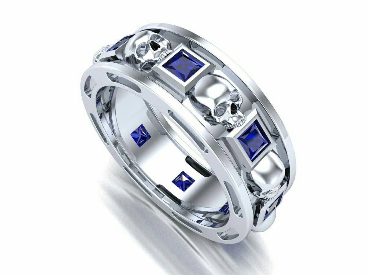 Skull Wedding Band in Silver with Sapphires