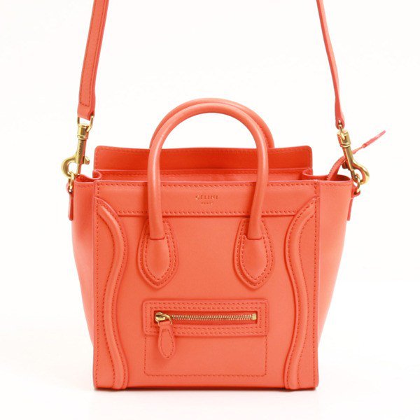 Authentic Celine Shopper 2Way Shoulder Bag Leather Bright Orange