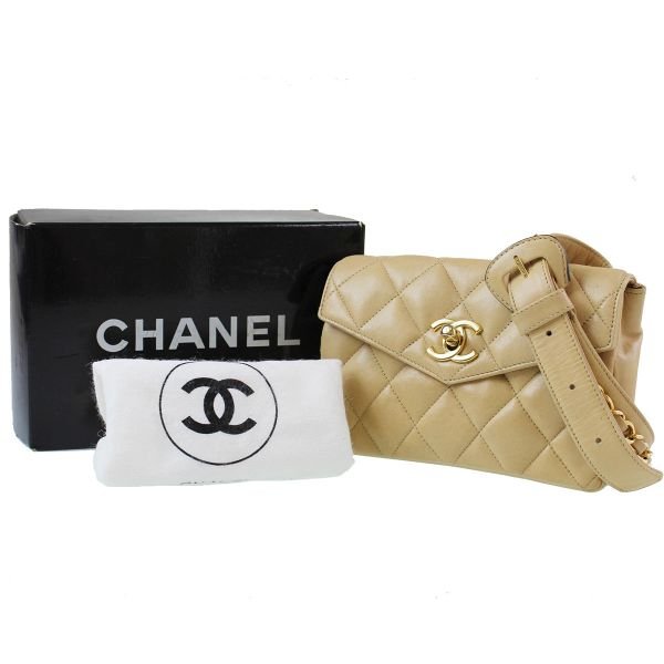 Authentic Chanel Chain Belt Quilted Bum Bag Leather Beige
