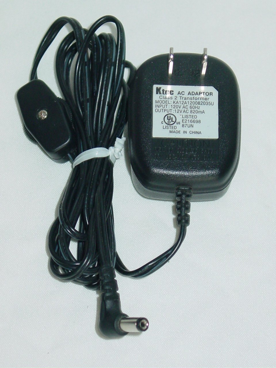 Ktec KA12A120082035U AC Adapter w/ Switch (On & Off Button) 12VAC 820mA