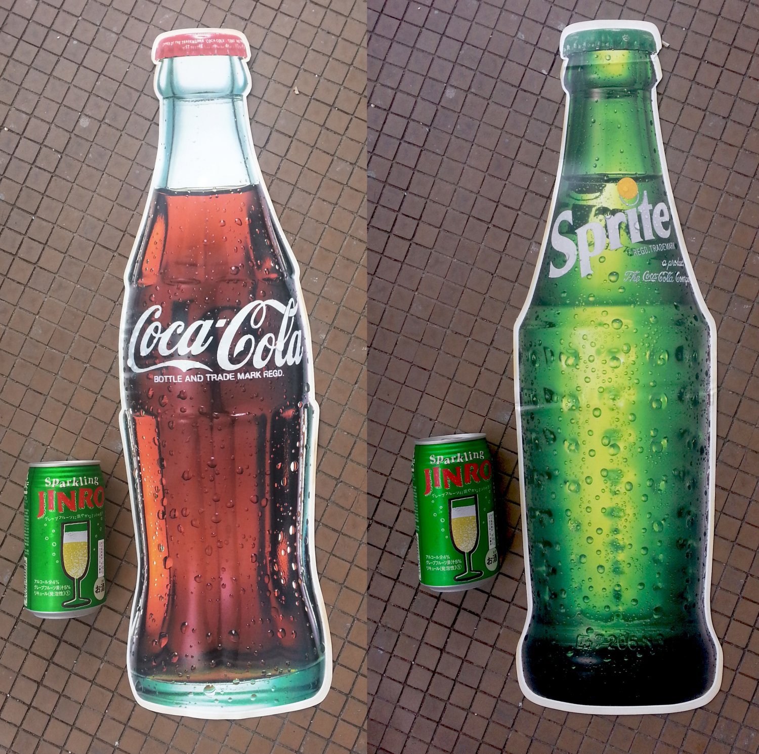 1990's Giant 60cm Coca-Cola & Sprite Bottle Shape Adhesive Stickers / Window Decal Set of 2