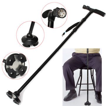 LED Light Sturdy Folding Elder Walking Stick Four Heads Pivoting Trusty Base Stretchable Cane