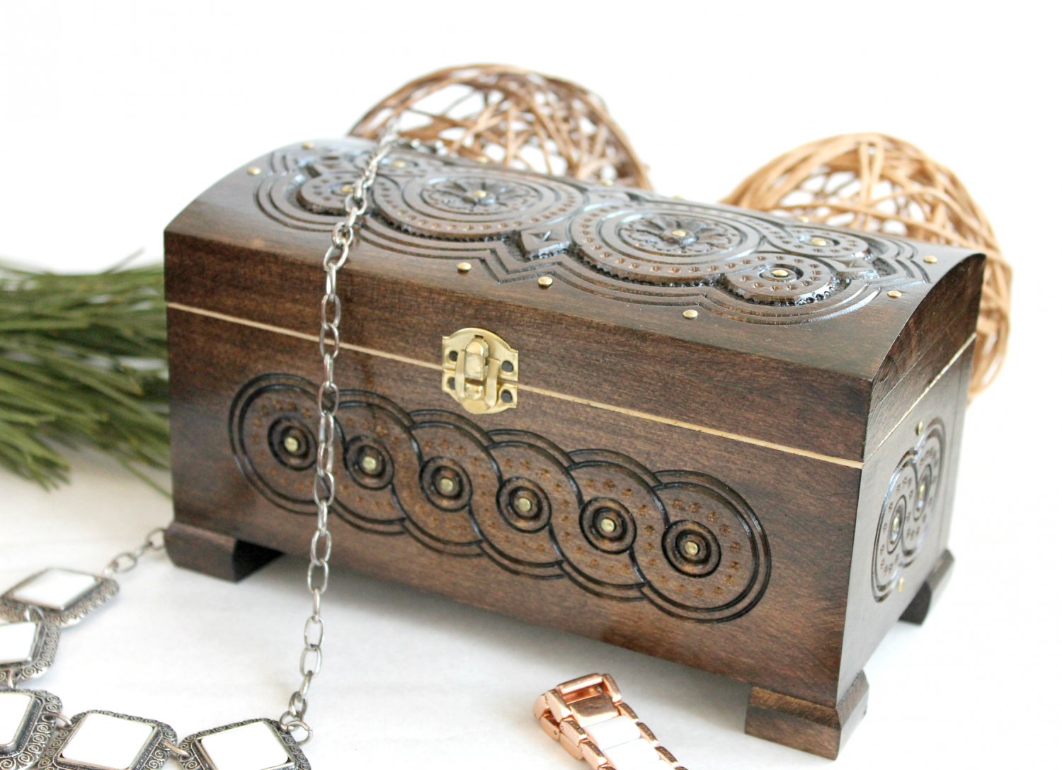 Wooden Storage Chest Jewelry Trinket Box Organizer Multipurpose with Hand Carved