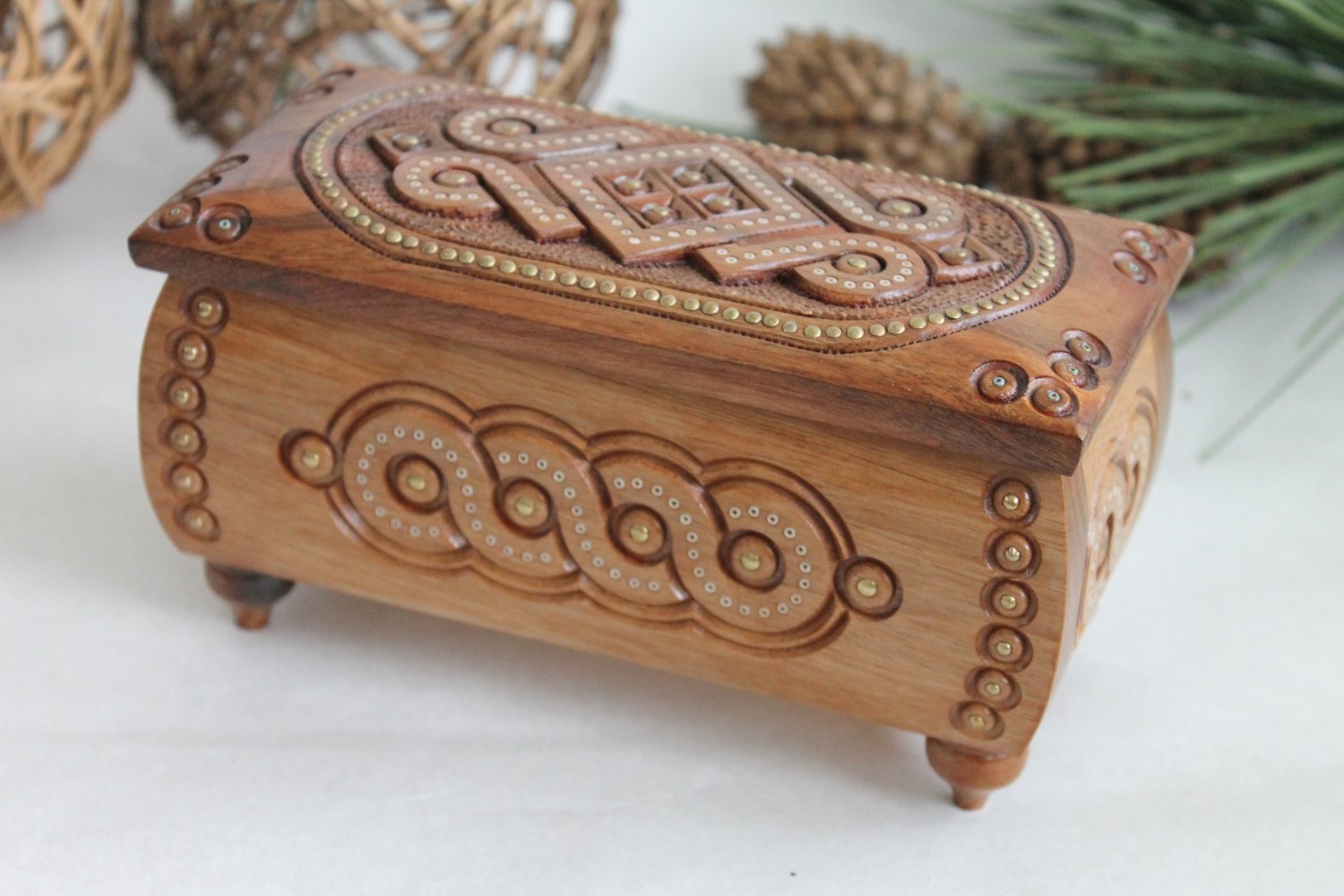 Carved wooden box with inlay Wooden Storage Chest Jewelry