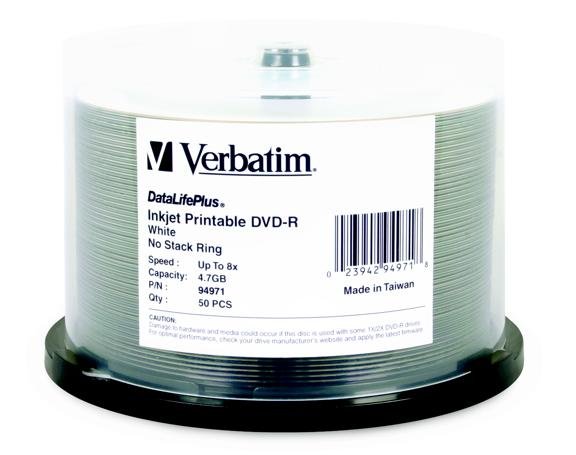 50 DVD-R 4.7GB 8X DataLifePlus White Inkjet Printable