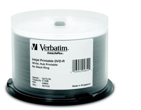50 DVD-R 4.7GB 8X DataLifePlus, White Inkjet Printable, Hub Printable