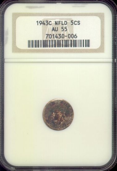 1943-C AU-55 Newfoundland, Silver Five Cent Coin