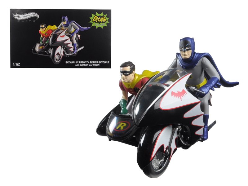 1966 Batcycle Side Car with Batman and Robin Figures 1/12 Diecast Model by Hotwheels