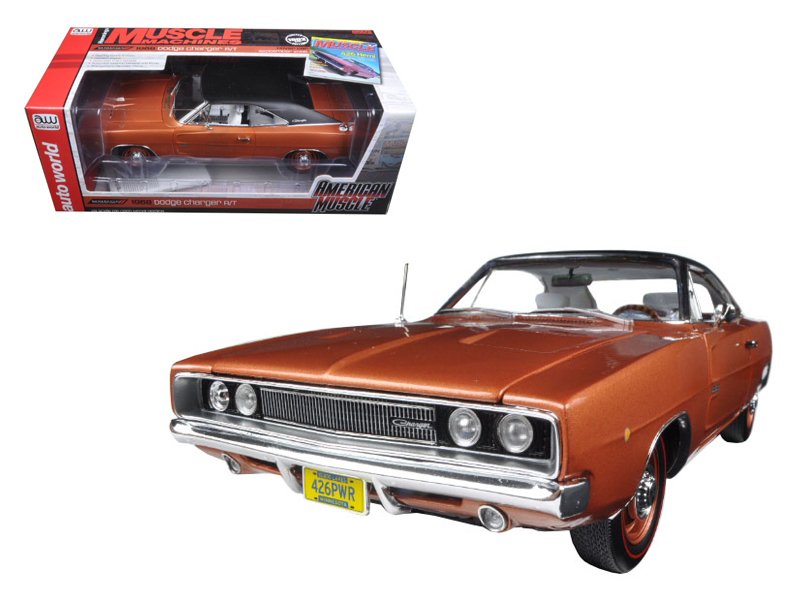 1968 Dodge Charger R/T Bronze Poly with Black Vinyl Top Limited 1/18 Diecast Model Car by Autoworld