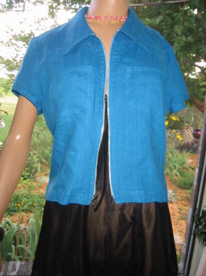 Teal Vintage Linen ZIP crop TOP Jacket M