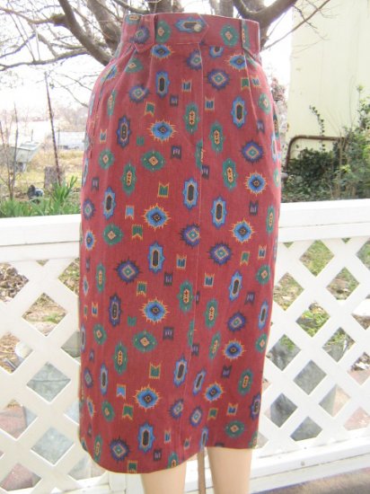 * + Vintage Western Cowgirl Indian Print PENCIL midi Skirt S