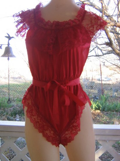 Sold RL Frilly Red Silky Nylon Ruffle vintage Lace Teddie S M teddy