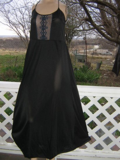 Slinky Black Vintage nightgown Unique blue lace inset L sheer