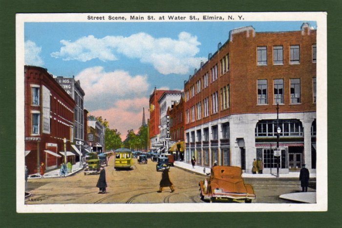 Postcard~NY~Elmira~Main St at Water St~ca.1920