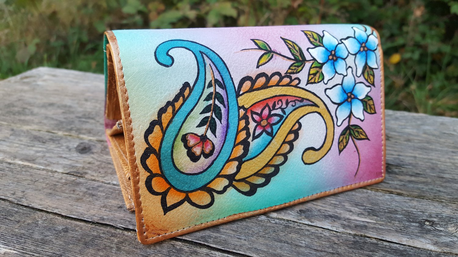 Genuine Leather Wallet Money Card Organizer Large Womens Coin Purse Hand Painted Gifts For Women