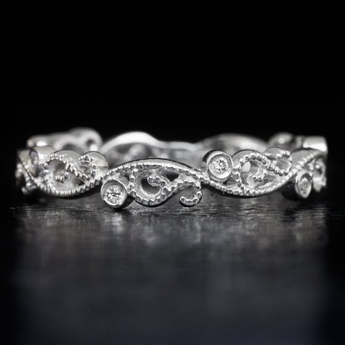 Diamond Wedding Band Art Deco Inspired 14K White Gold Floral Filigree