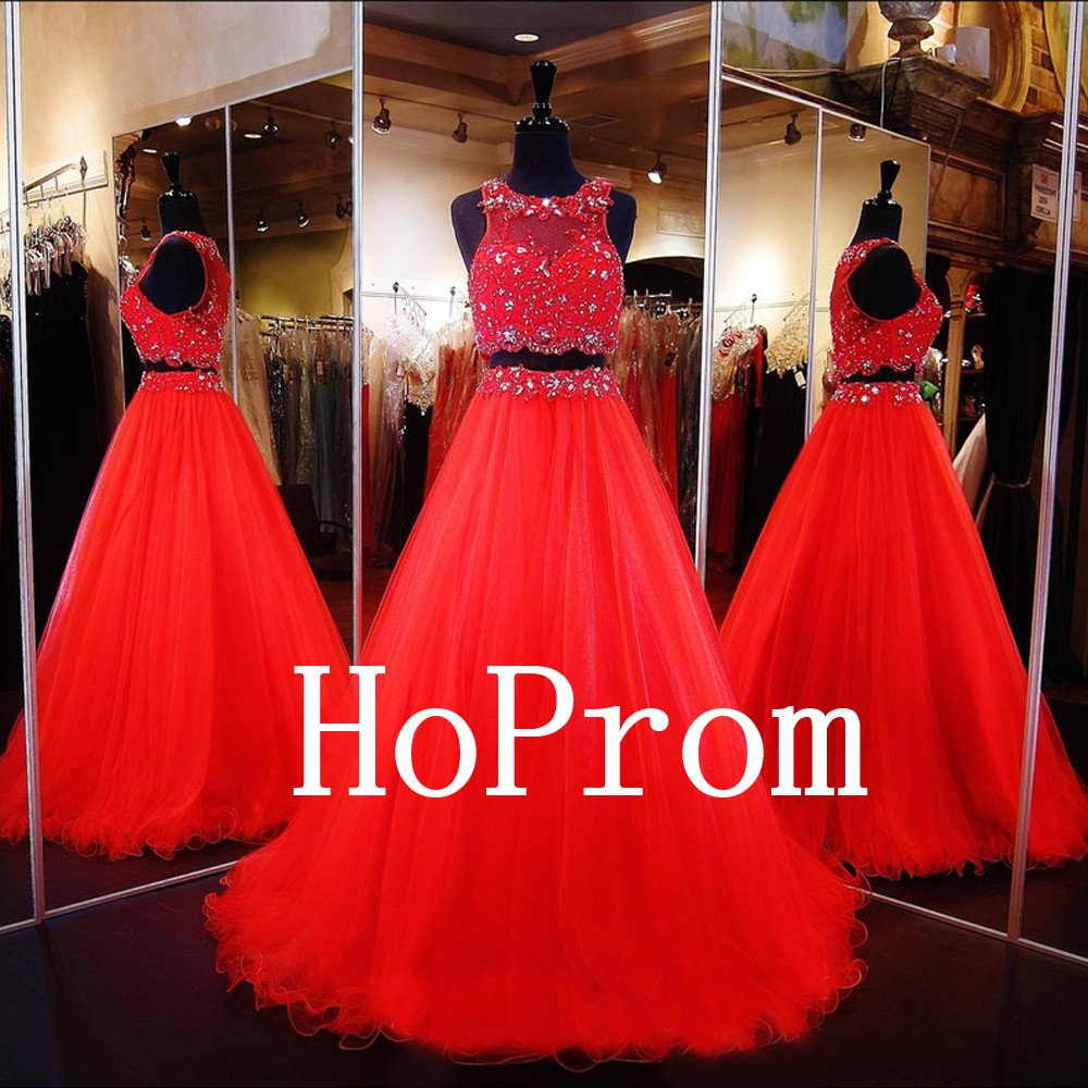 Two Piece Prom Dress,Red Tulle Prom Dresses,Long Evening Dress