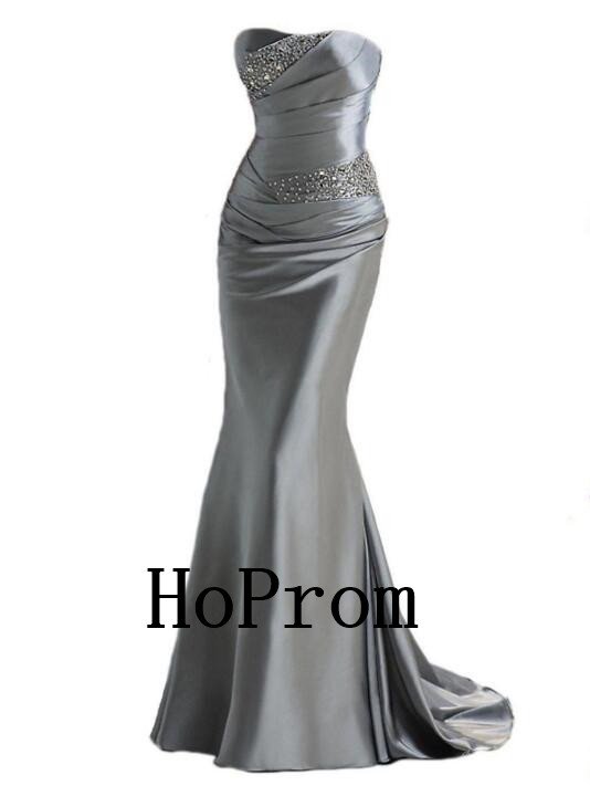 Grey Satin Prom Dress,Strapless Prom Dresses,Long Evening Dress