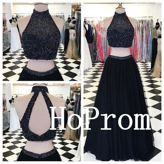 High Neck Prom Dress,Two Piece Prom Dresses,Black Evening Dress