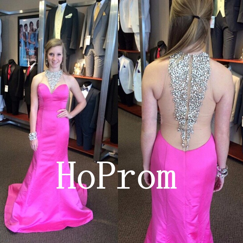 Hot Pink Prom Dress,High Neck Prom Dresses,Evening Dress