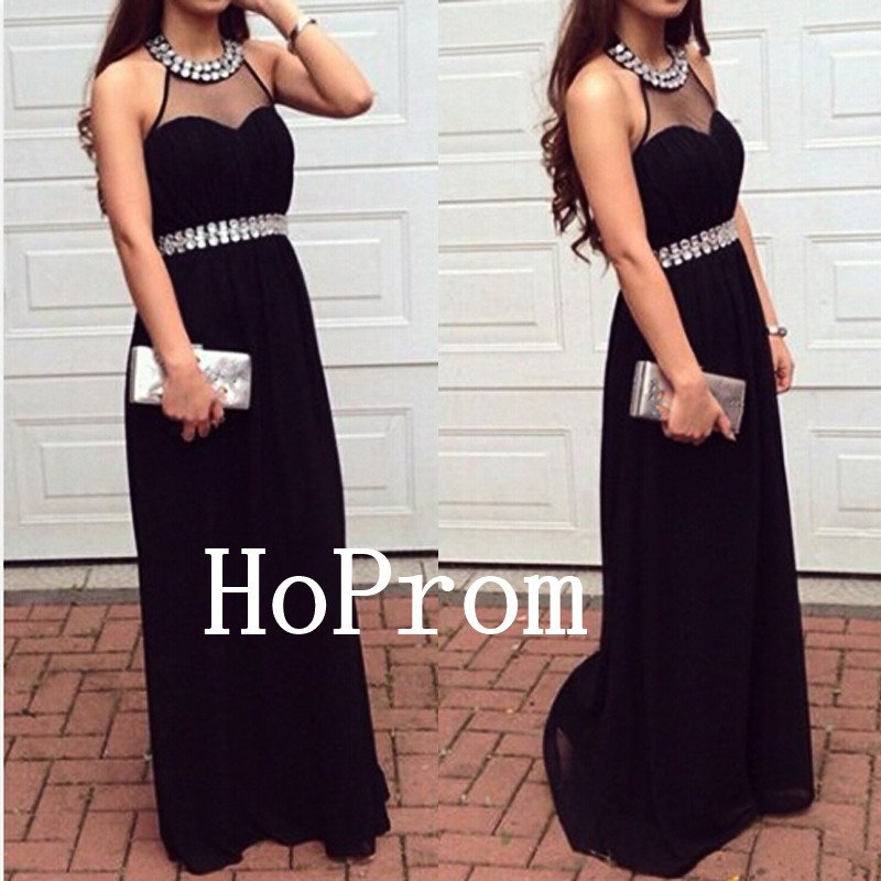 A-Line Prom Dress,Black Chiffon Prom Dresses,Evening Dress